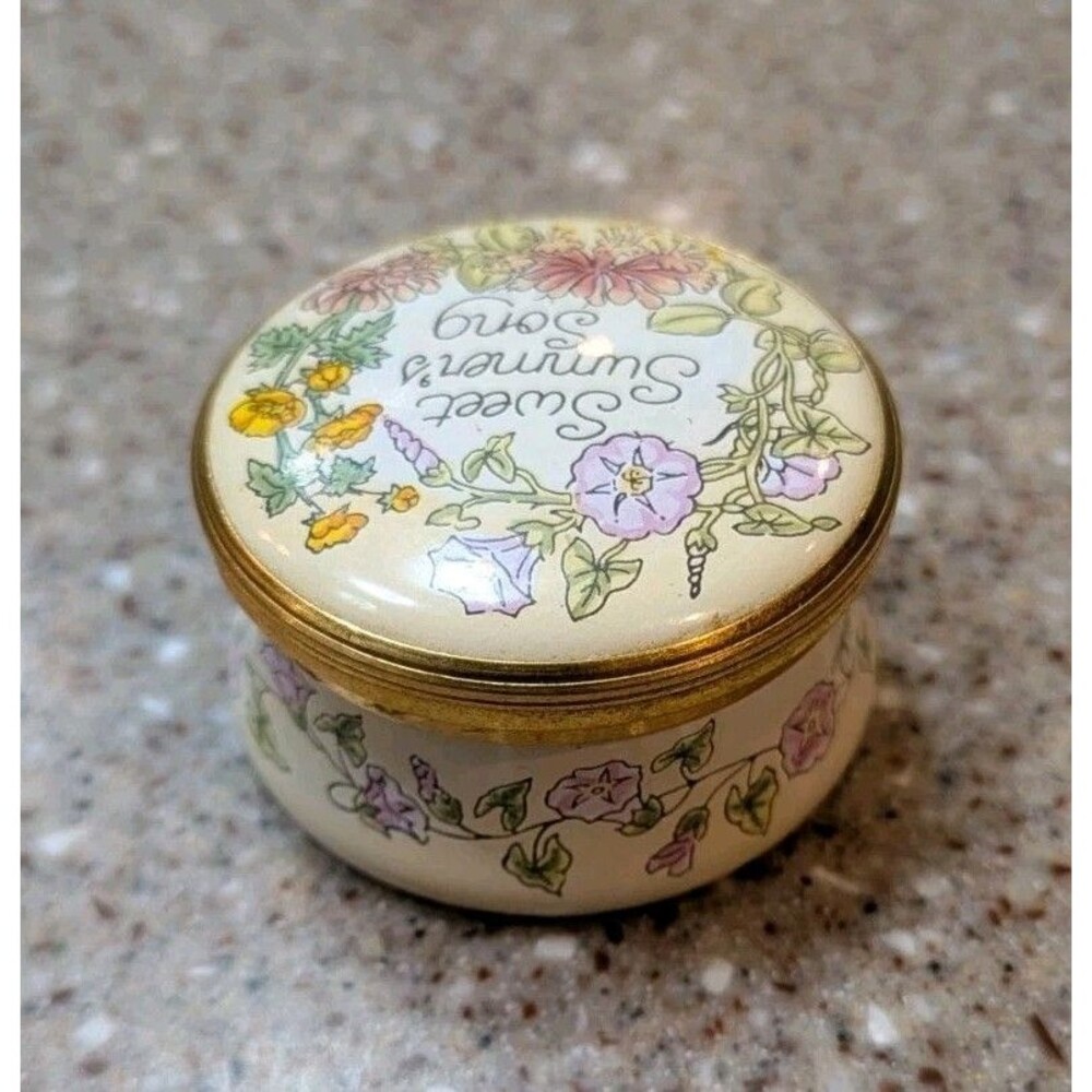 Crummles & Co. Made In England Handpainted Floral Round Enamel Trinket Pill Box - Picture 2 of 4